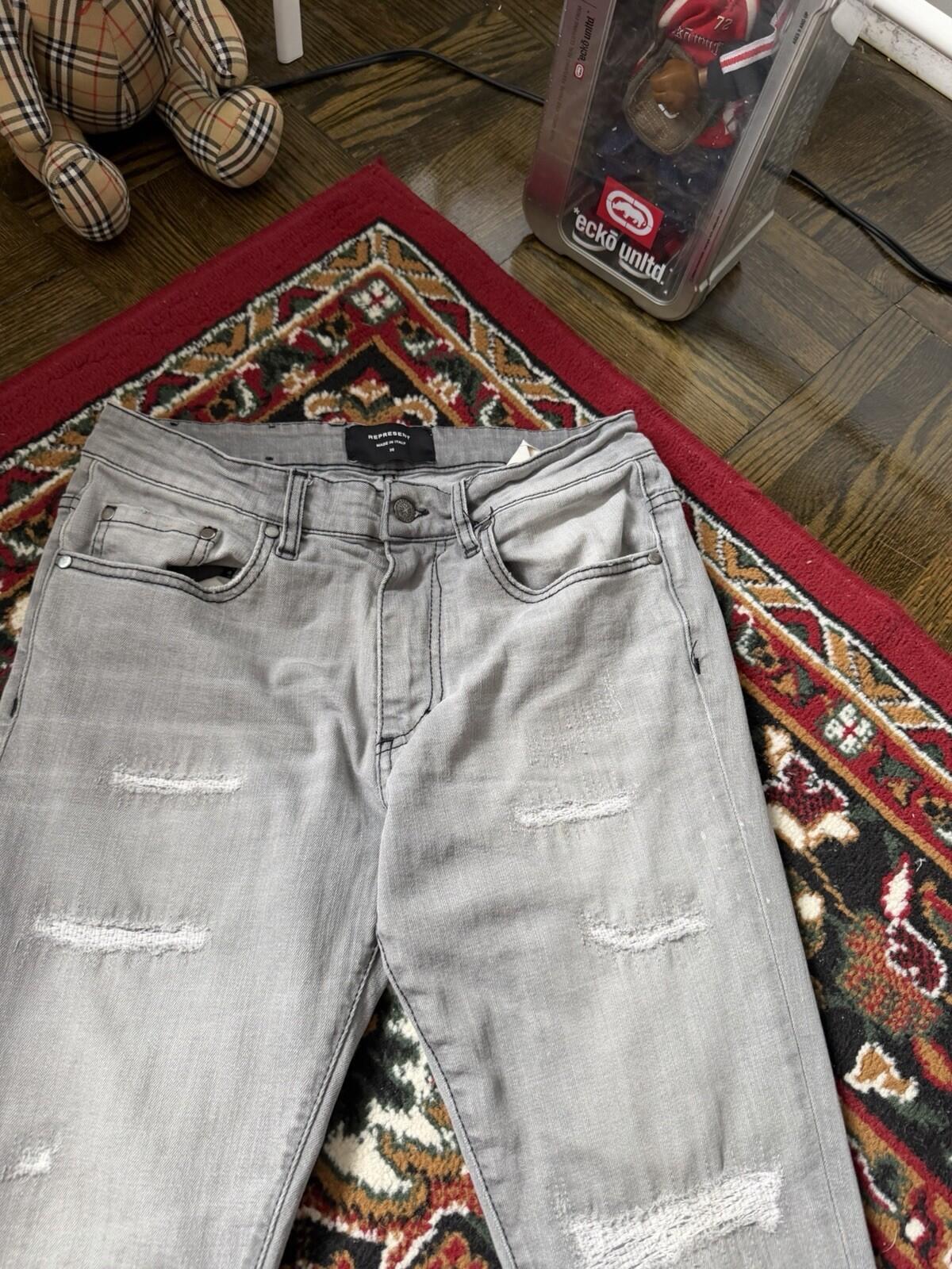 REPRESENT Distressed Slim Fit Jeans Flat Grey Size 34 Men's Repaired Denim Pants