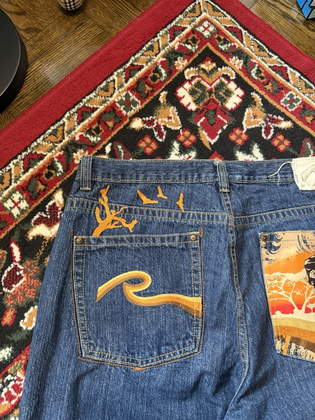 Vintage Request Lion Print Jeans Men 38/32 Blue Denim Embroidered Y2K 90s Skater