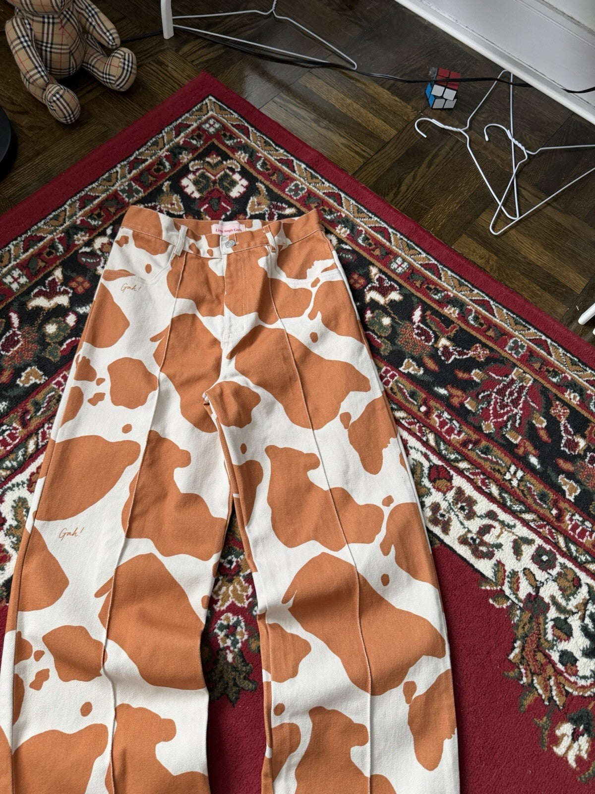 Lisa Says Gah Wide-Leg Jeans Cow Print Orange White 29