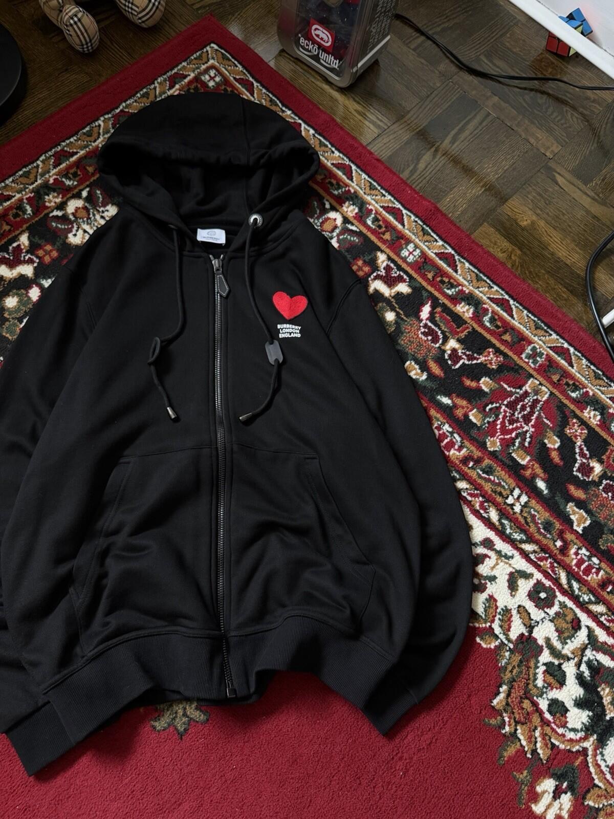 Burberry London Heart Black Full Zip Hoodie Cotton Logo Pockets Size M