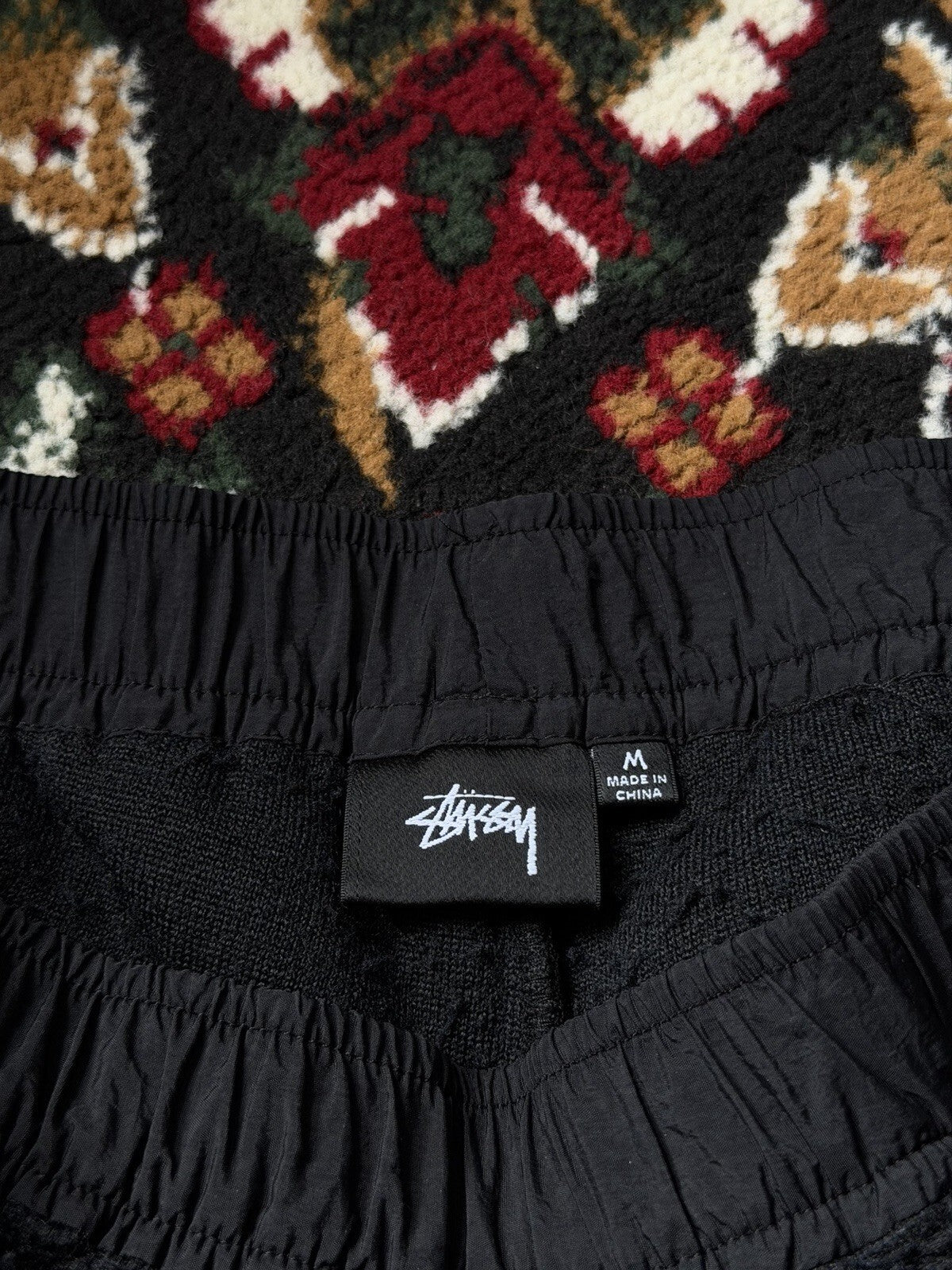 Stussy Sherpa Fleece Shorts Black Embroidered Logo Zipper Nylon Pocket