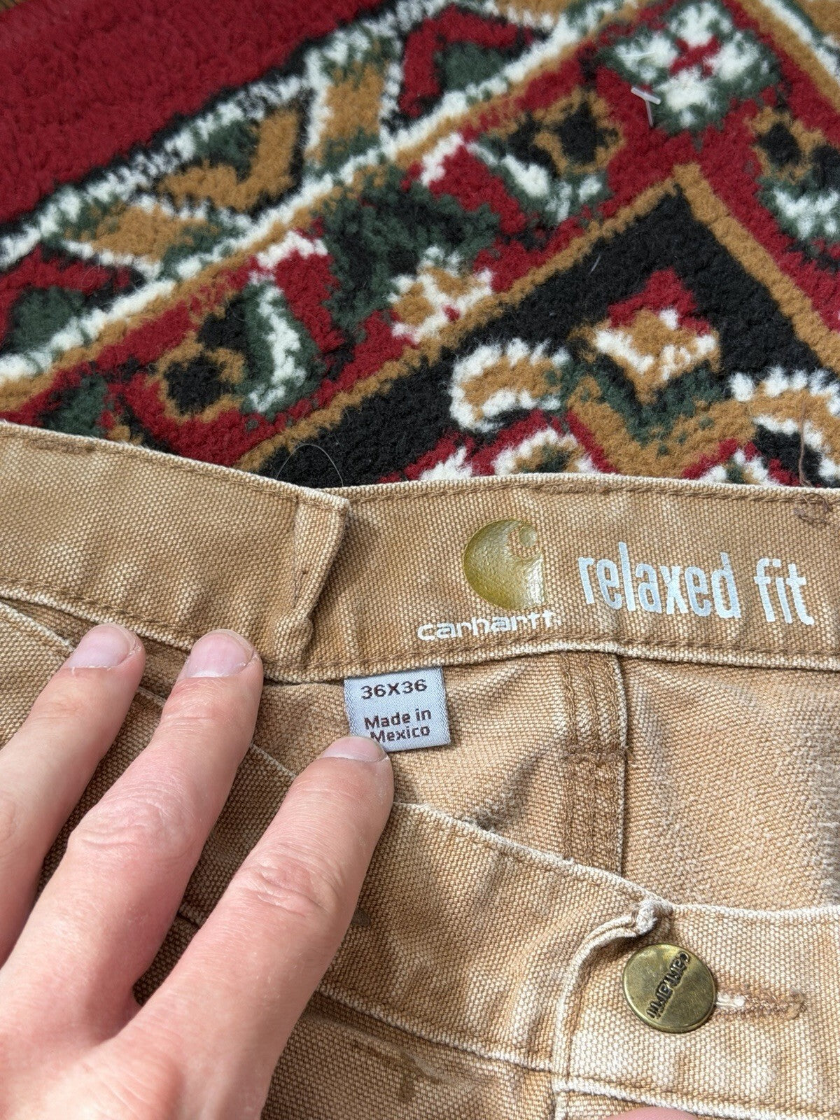 Carhartt Relaxed Fit Single Knee Pants Beige Thrashed Faded Size 36/36 Y2K