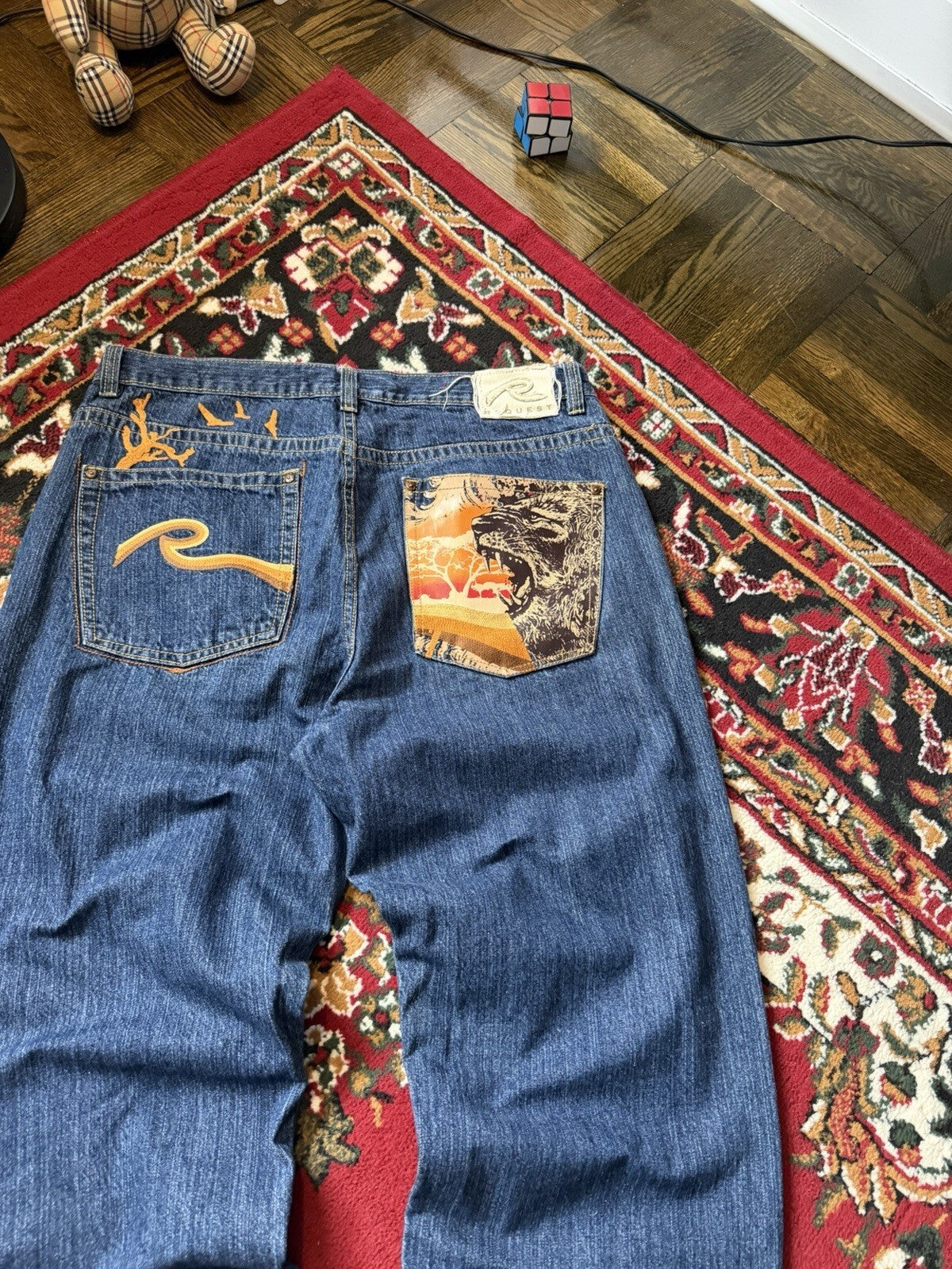 Vintage Request Lion Print Jeans Men 38/32 Blue Denim Embroidered Y2K 90s Skater