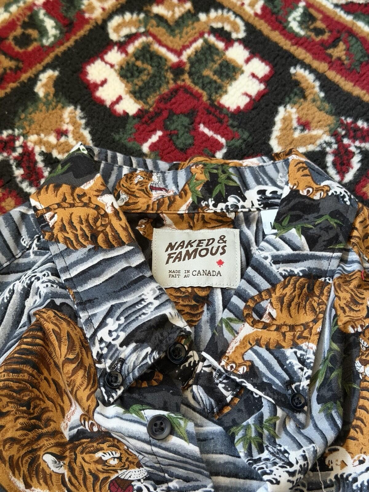 Naked Famous Japanese Tiger Button Down Shirt Men’s Size L Canada Short Sleeve