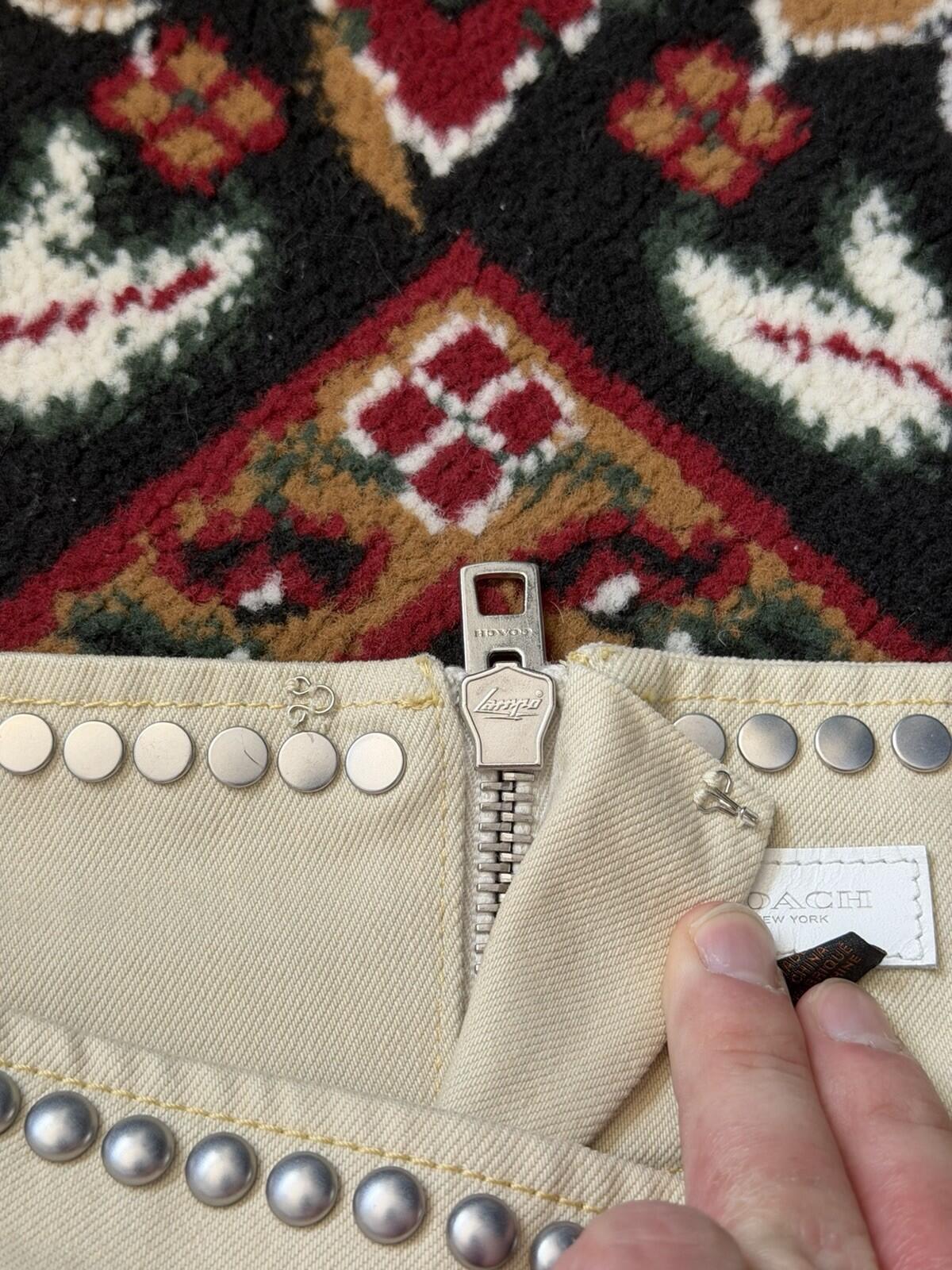 Coach Bleached Denim Mini Skirt Tan White Studded Rivets Pockets Size 0