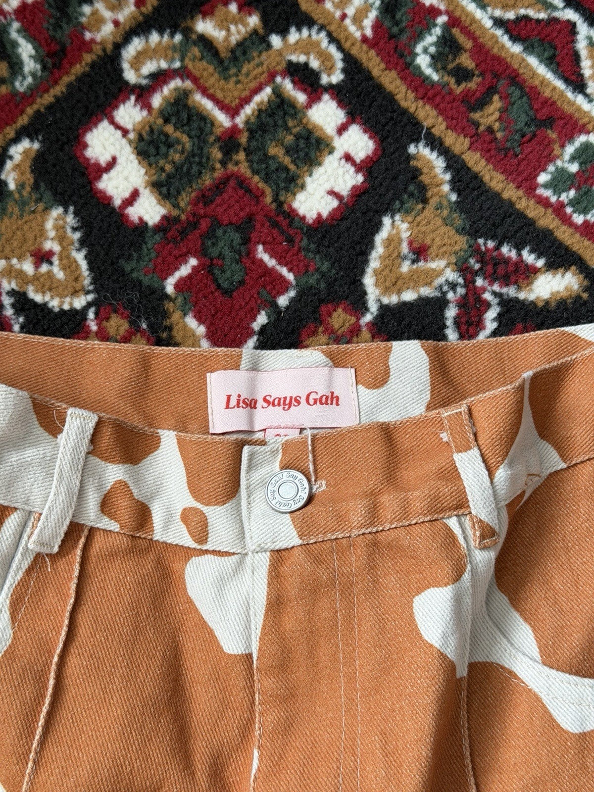 Lisa Says Gah Wide-Leg Jeans Cow Print Orange White 29