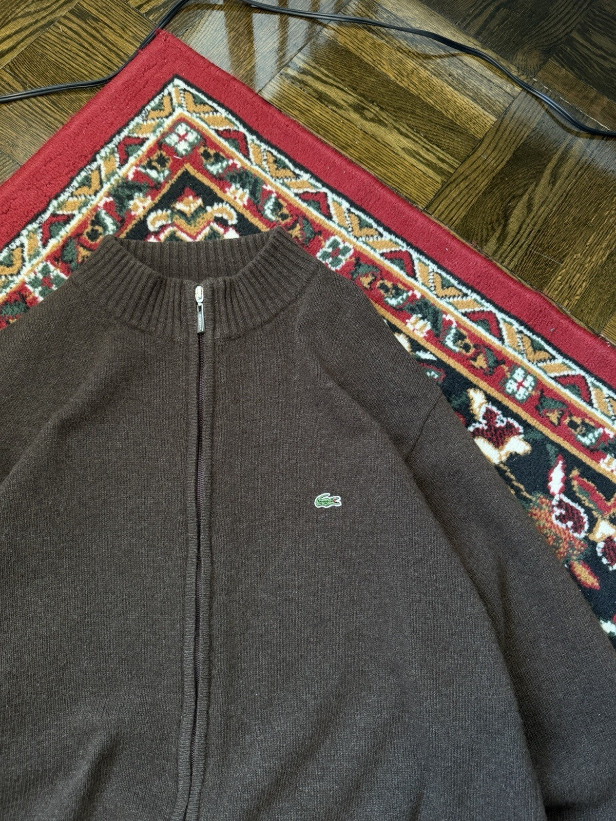 90s Lacoste Vintage Wool Mocha Brown Knit Full Zip Sweater Mens XL