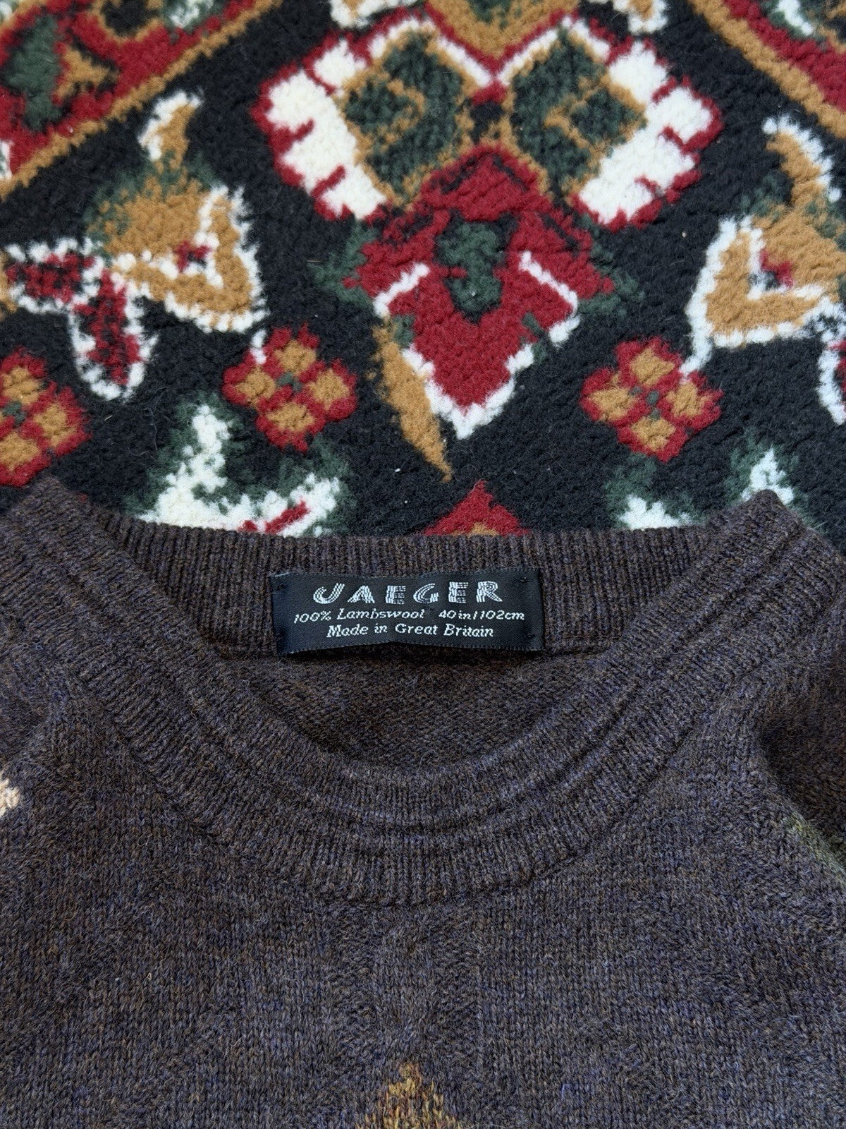 Jaeger Men’s Sweater Geometric Colorblock 100% Lambswool Made in Great Britain