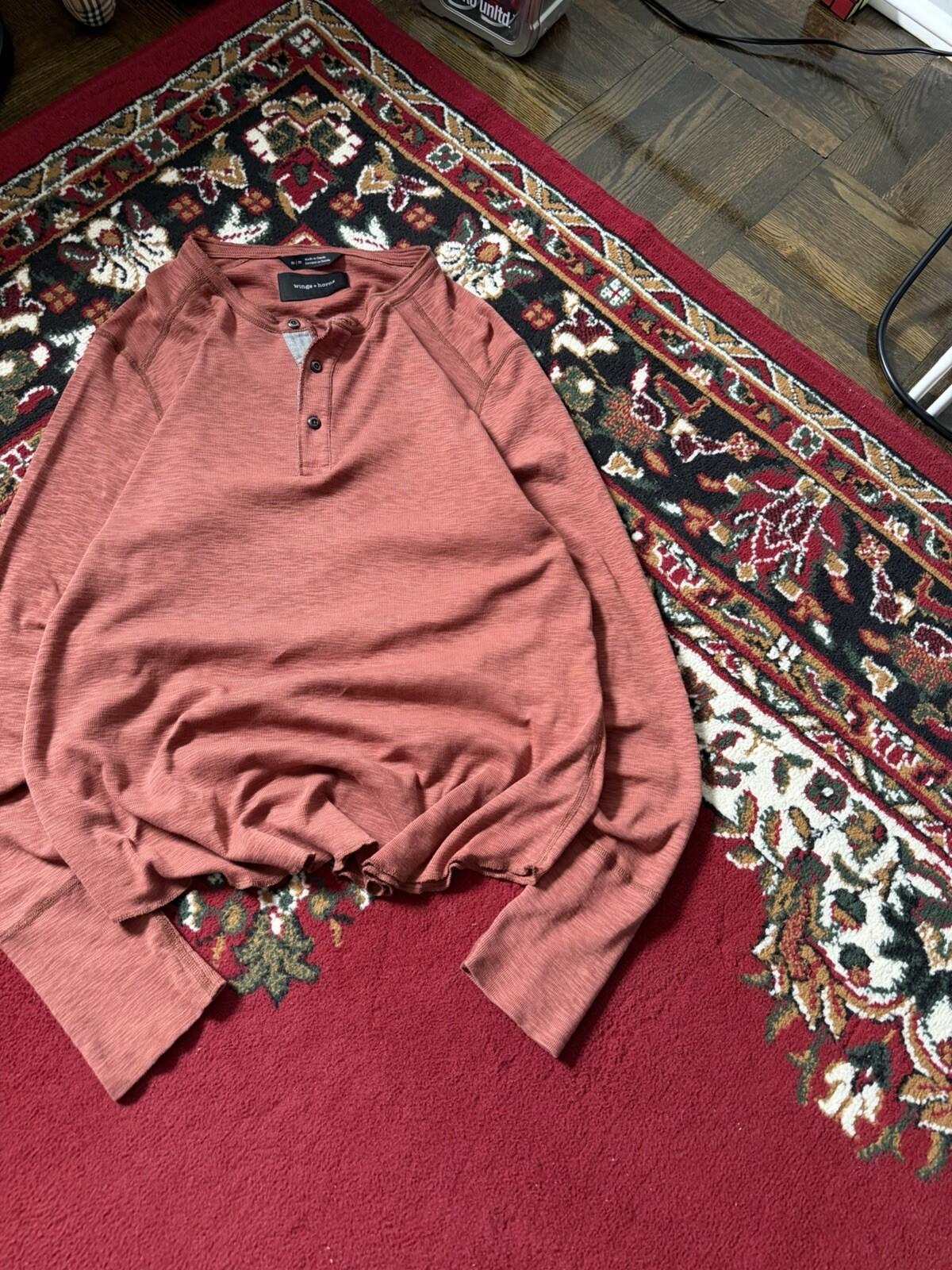 Wings + Horns Shirt Mens Medium Coral Henley Crewneck Long Sleeve Sweater