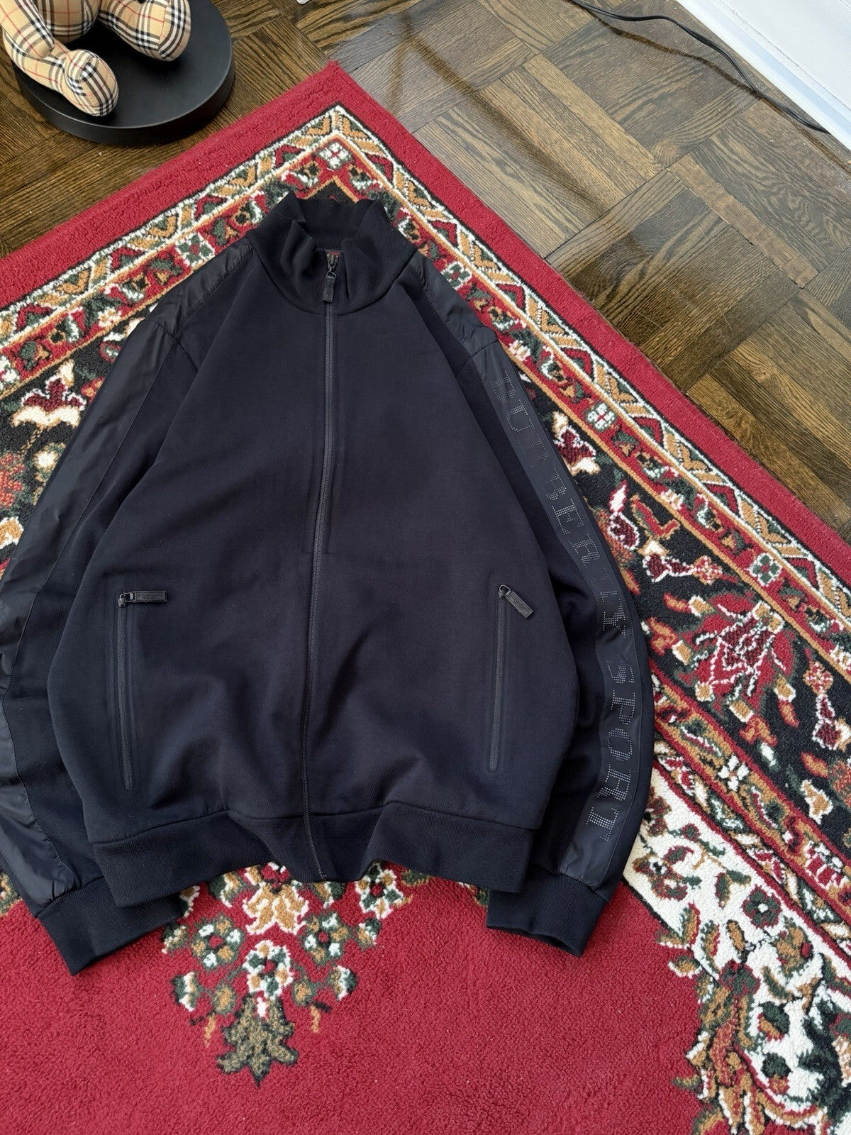 Burberry Sport Black Zip Up Sweater Mesh Logo On Sleeve Size L