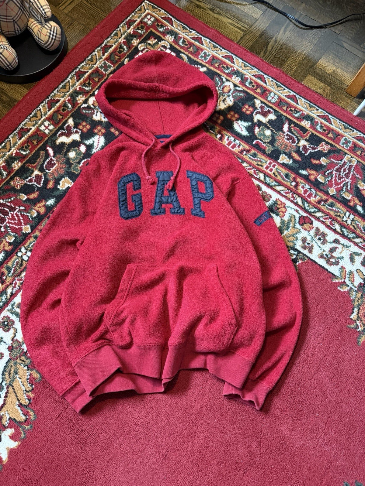 00s Gap Vintage Fleece Hoodie Mens S Y2K Spell Out Red