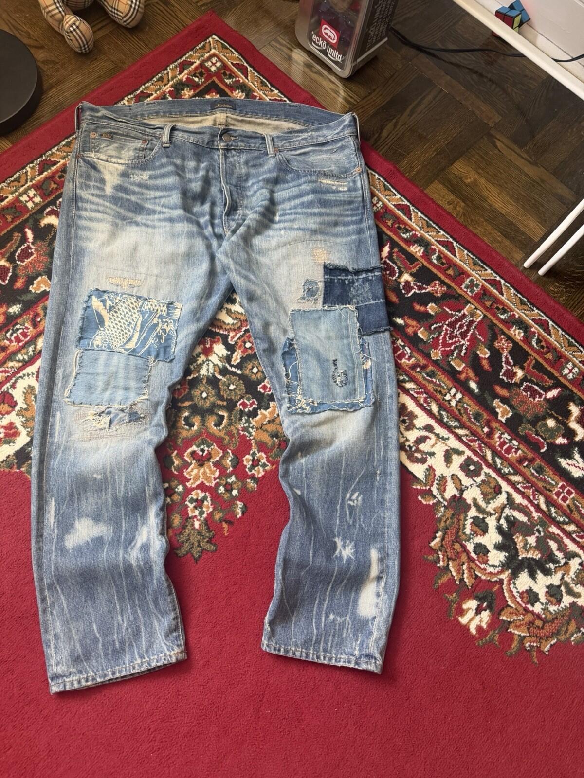 Polo Ralph Lauren Fish Patchwork Jeans Repaired Distressed Denim Size 38/30