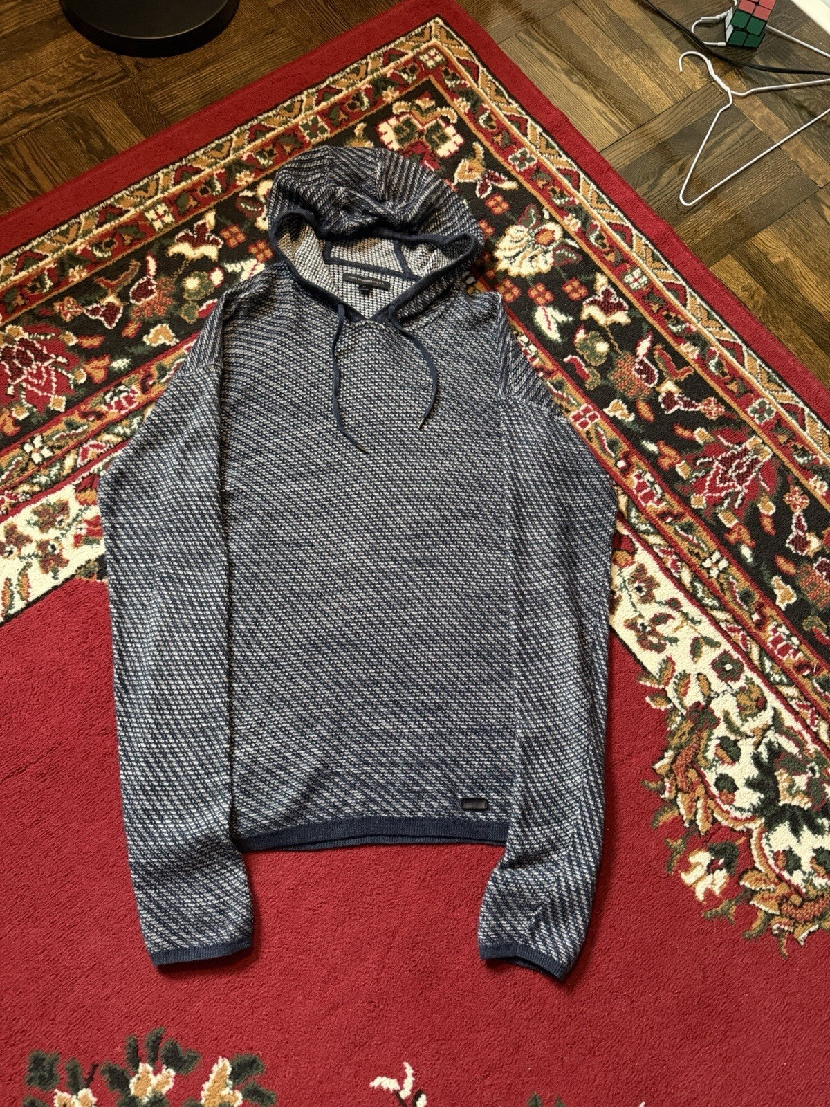 John Varvatos Knit Hoodie Mens Large Cotton Long Sleeve Pullover Textured Slim