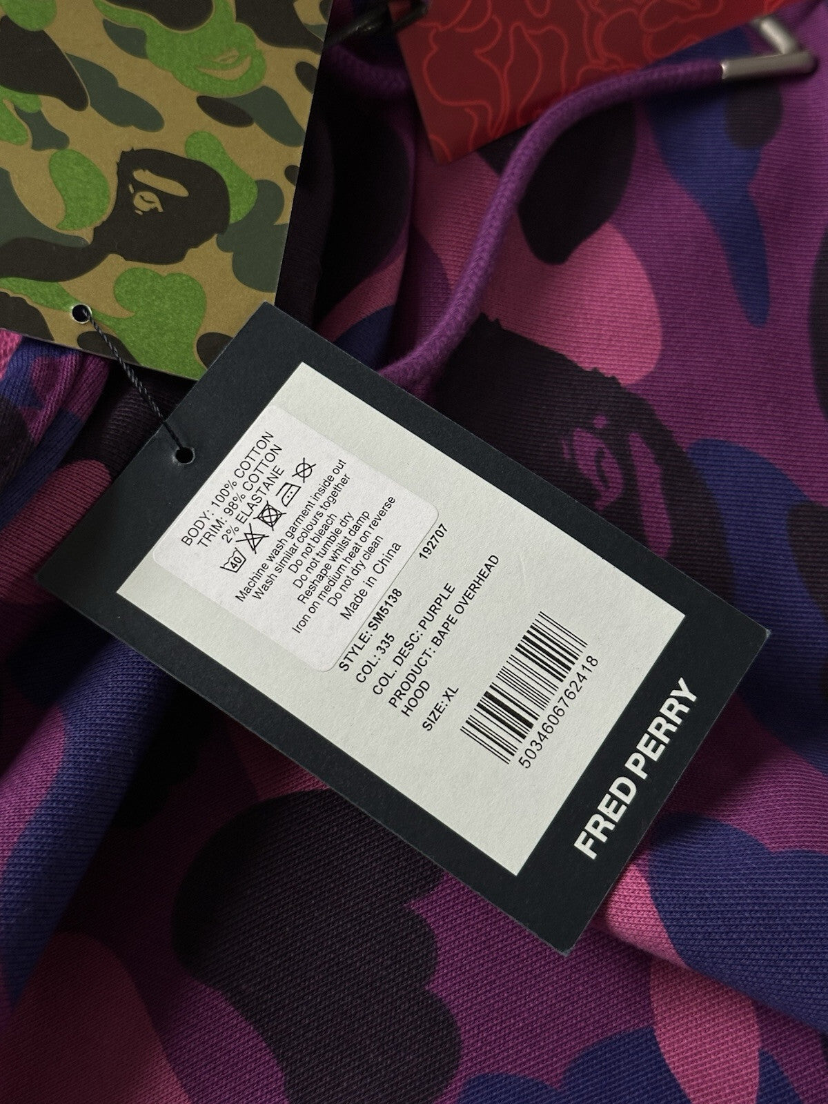 NWT Bape A Bathing Ape X  Fred Perry Purple Color Camo Pullover Hoodie Size XL