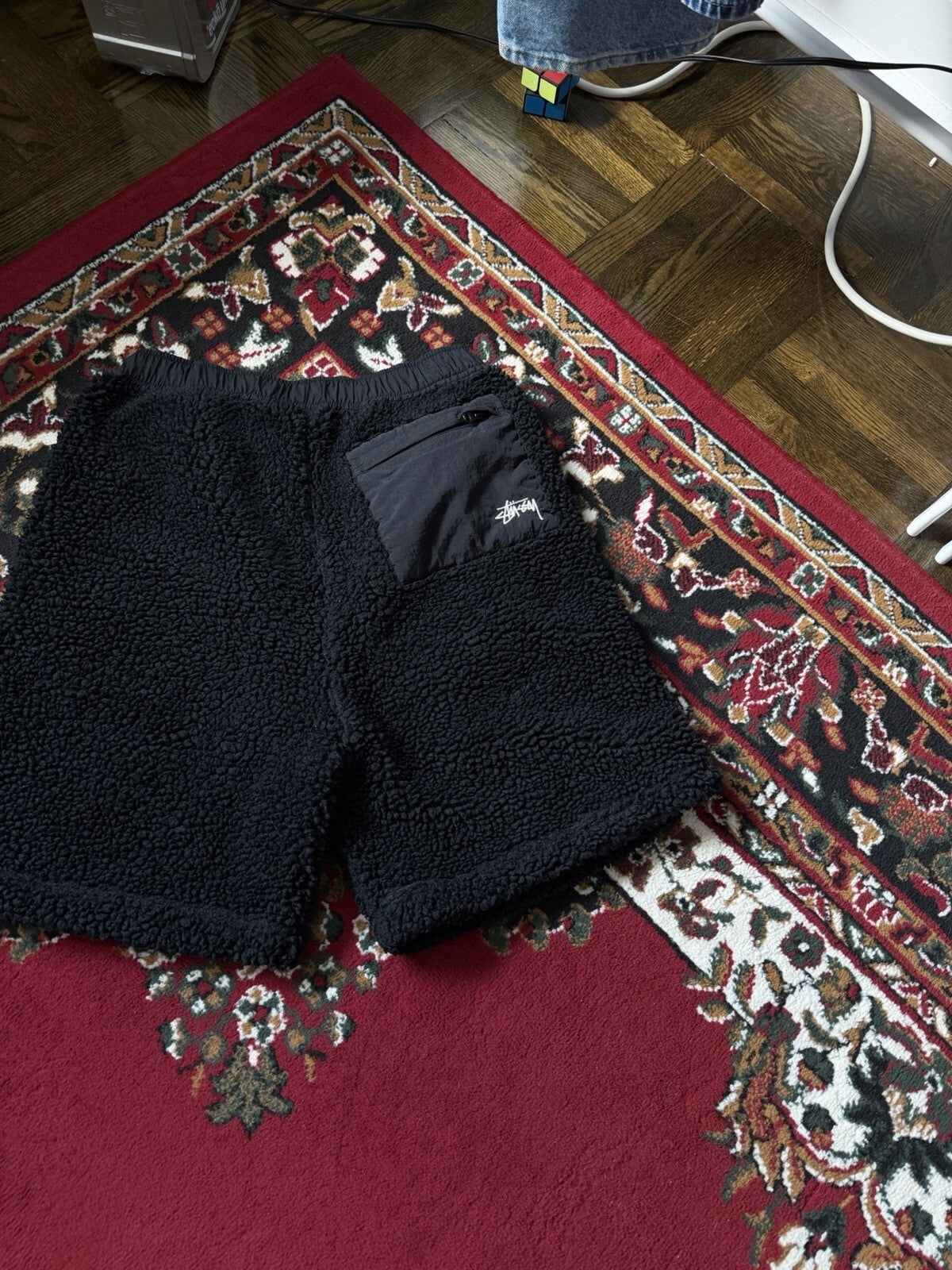Stussy Sherpa Fleece Shorts Black Embroidered Logo Zipper Nylon Pocket