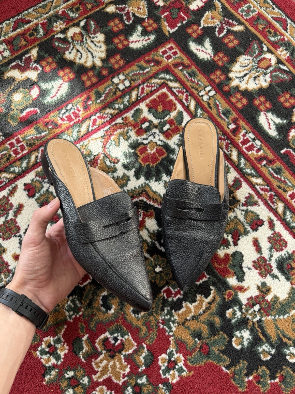 Coach Pointed Toe Leather Loafer Mule Slides Black Women’s Size 10