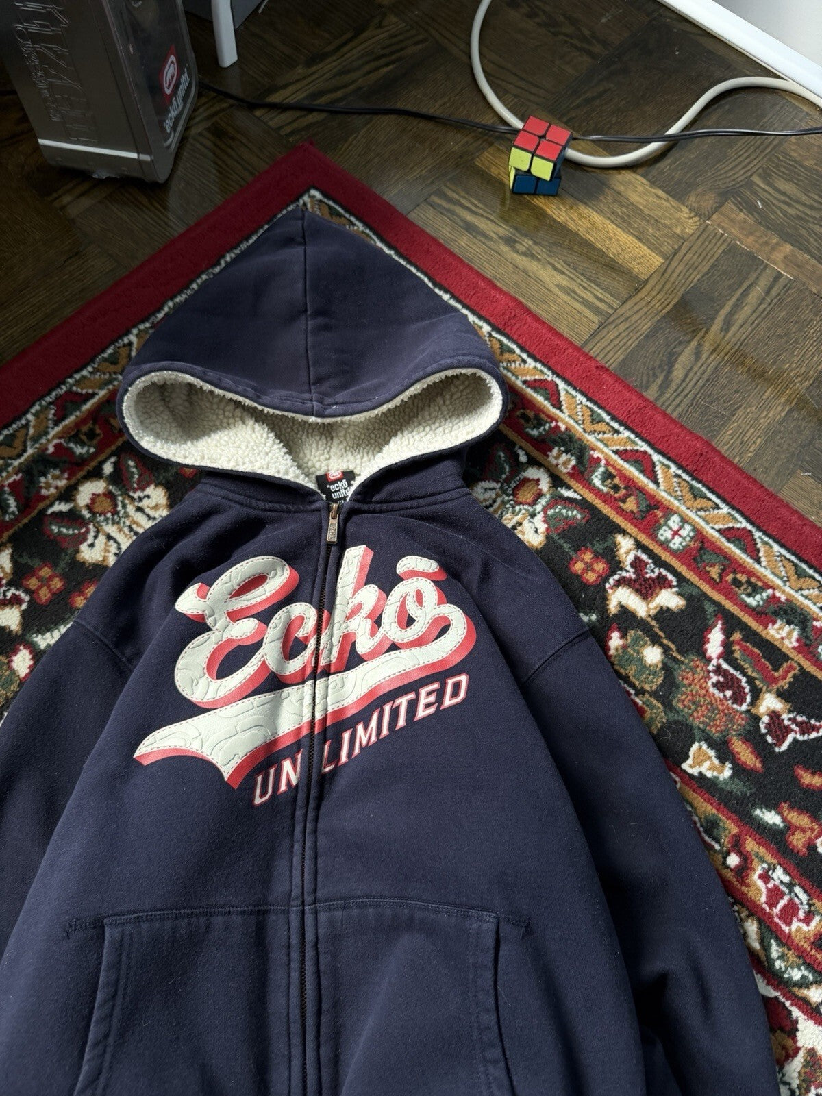 Vintage Ecko Navy Blue Jacket XL Sherpa Fur Lined Hoodie Fleece Y2K Zip AOP