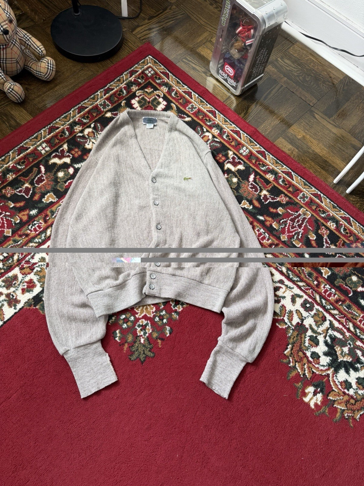Vintage Izod Lacoste Cardigan Sweater Men Medium Gray Acrylic V-Neck USA