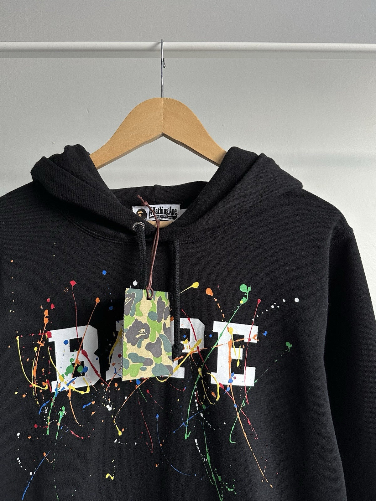 A BATHING APE BAPE PAINT SPLATTER PULLOVER HOODIE BLACK MULTICOLOR SZ L