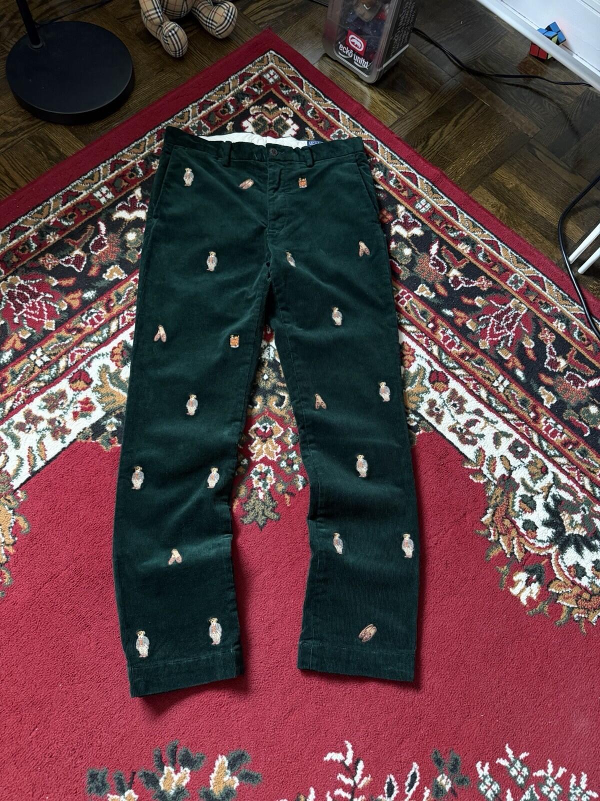 Polo Ralph Lauren Bear Slim Green Corduroy Embroidered Pants Size 30/30