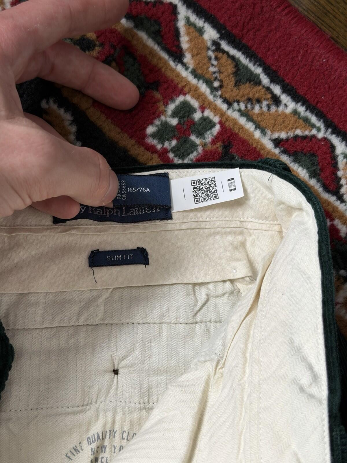 Polo Ralph Lauren Bear Slim Green Corduroy Embroidered Pants Size 30/30