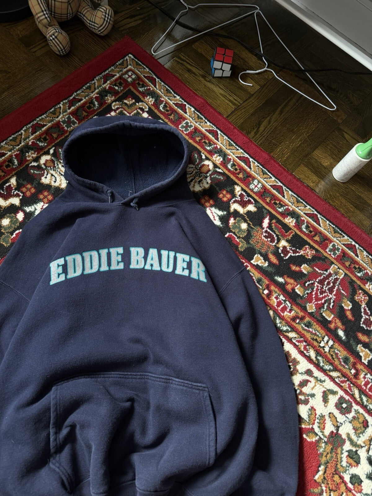 Vintage Eddie Bauer Distressed Spell Out Heavyweight Hoodie Blue