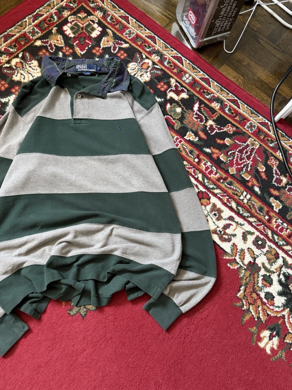 Vintage Polo Ralph Lauren Men Striped Rugby Polo Long Sleeve Green (Sz L)