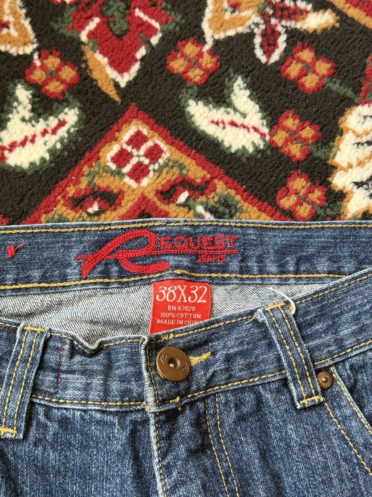 Vintage Request Lion Print Jeans Men 38/32 Blue Denim Embroidered Y2K 90s Skater