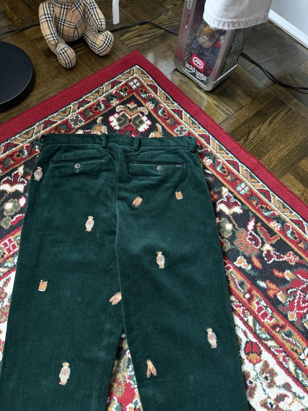 Polo Ralph Lauren Bear Slim Green Corduroy Embroidered Pants Size 30/30