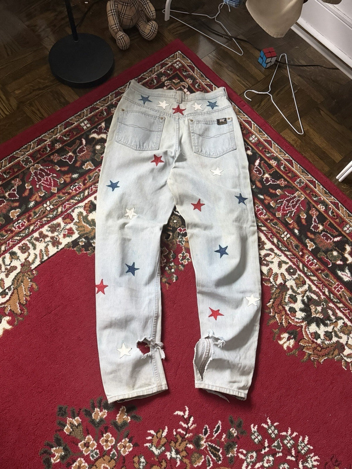 Vintage 90s Parasuco Distressed USA Flag Stars Jeans Light Wash Denim
