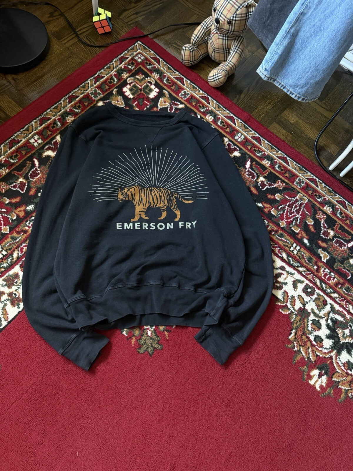 Emerson Fry Sweatshirt Womens Medium Black French Terry Crewneck Tiger USA Made