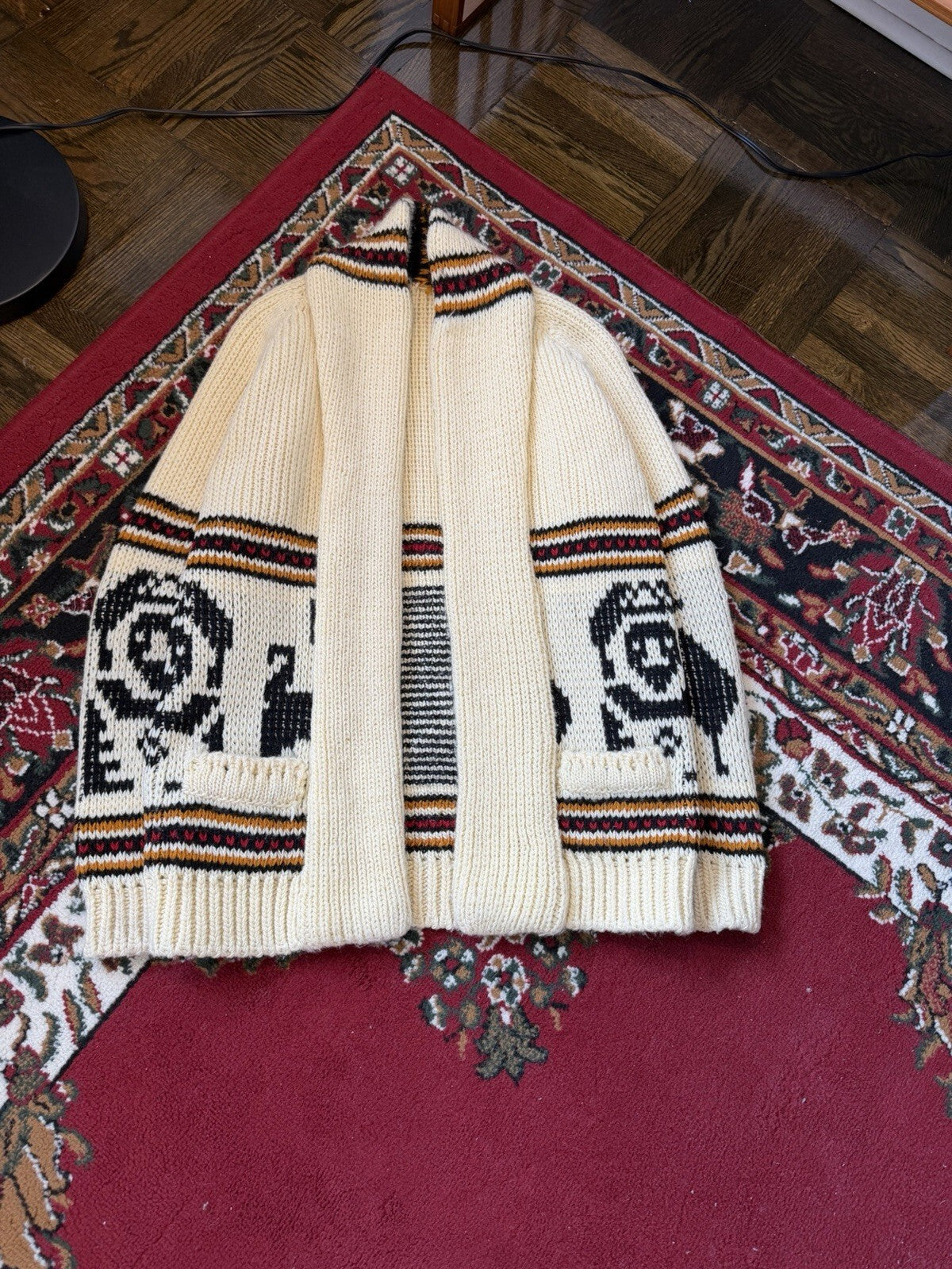 Vintage 70s Hand knit Cowichan Cardigan Lama Open Robe Style Sweater Sz S/M