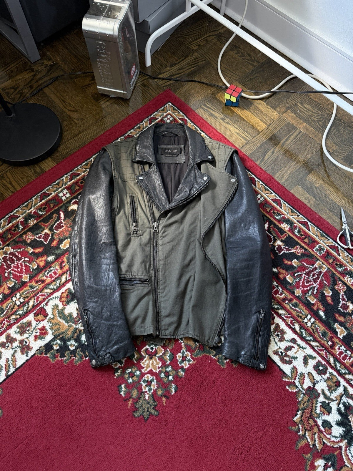 Danier Hybrid Moto Leather Sleeves Asymmetrical Zipper Utility Jacket