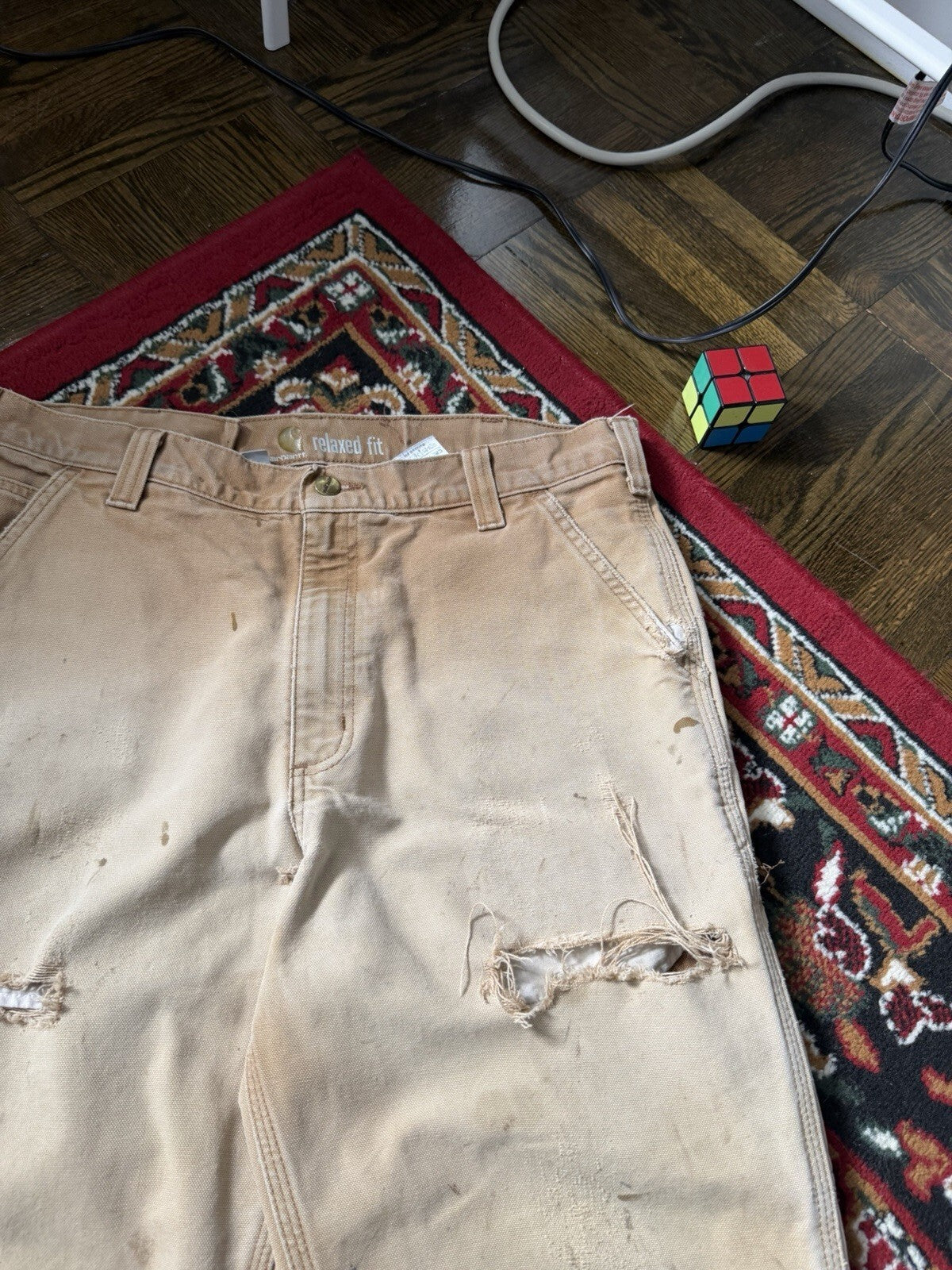 Carhartt Relaxed Fit Single Knee Pants Beige Thrashed Faded Size 36/36 Y2K