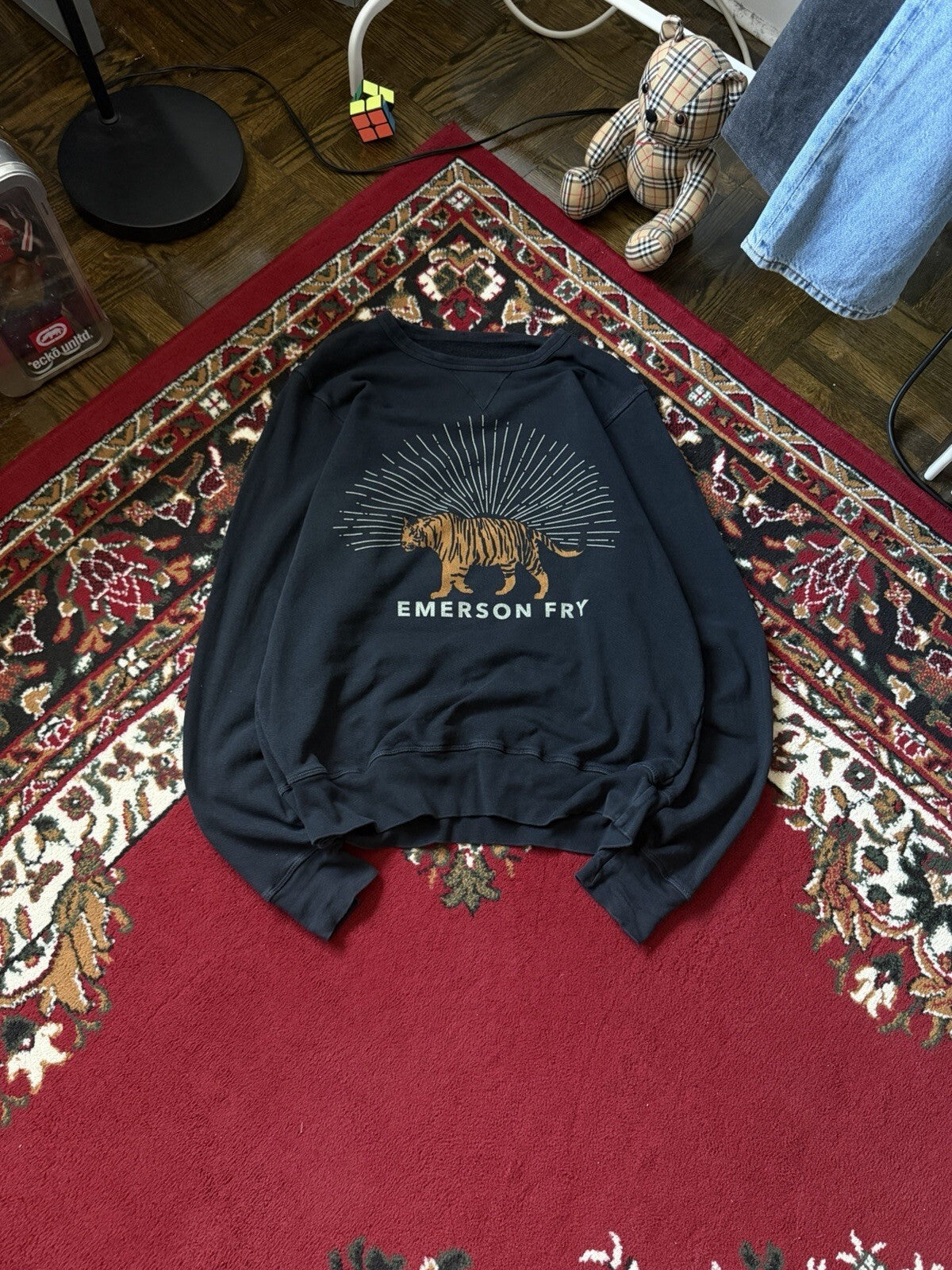 Emerson Fry Sweatshirt Womens Medium Black French Terry Crewneck Tiger USA Made