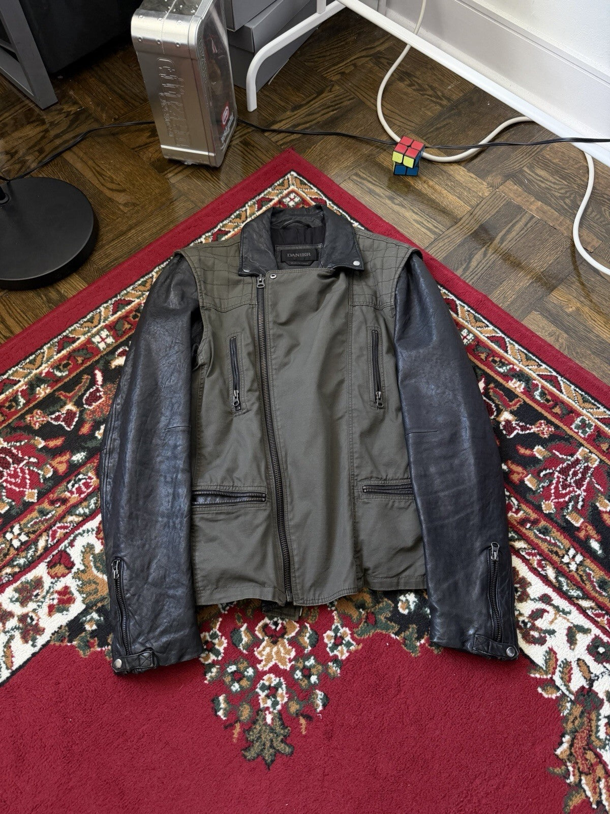 Danier Hybrid Moto Leather Sleeves Asymmetrical Zipper Utility Jacket