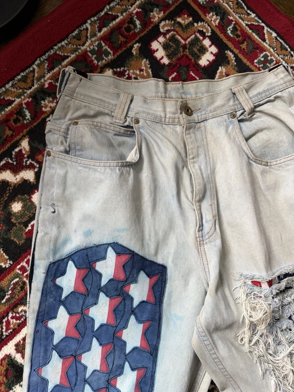 Vintage 90s Parasuco Distressed USA Flag Stars Jeans Light Wash Denim
