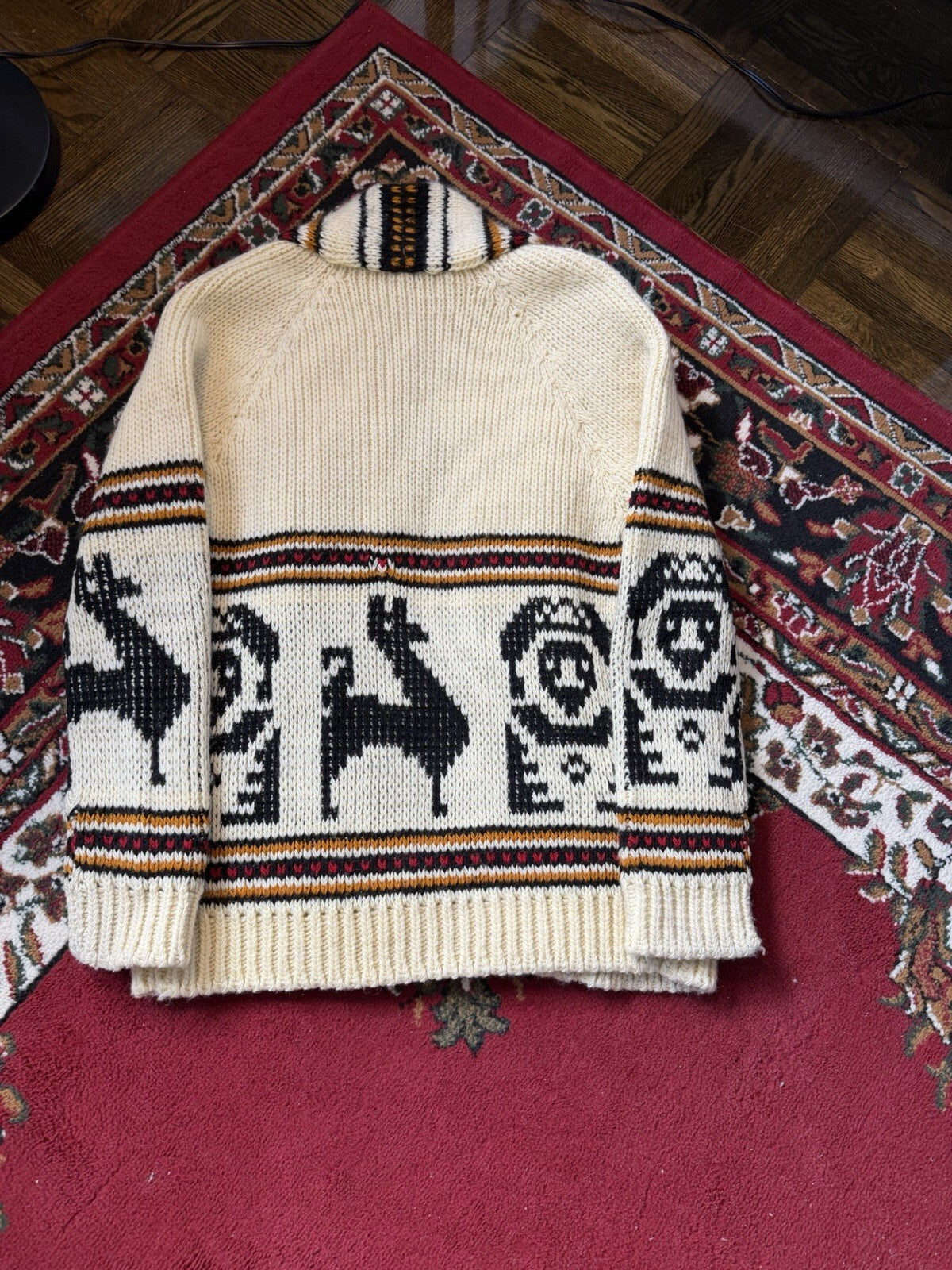 Vintage 70s Hand knit Cowichan Cardigan Lama Open Robe Style Sweater Sz S/M