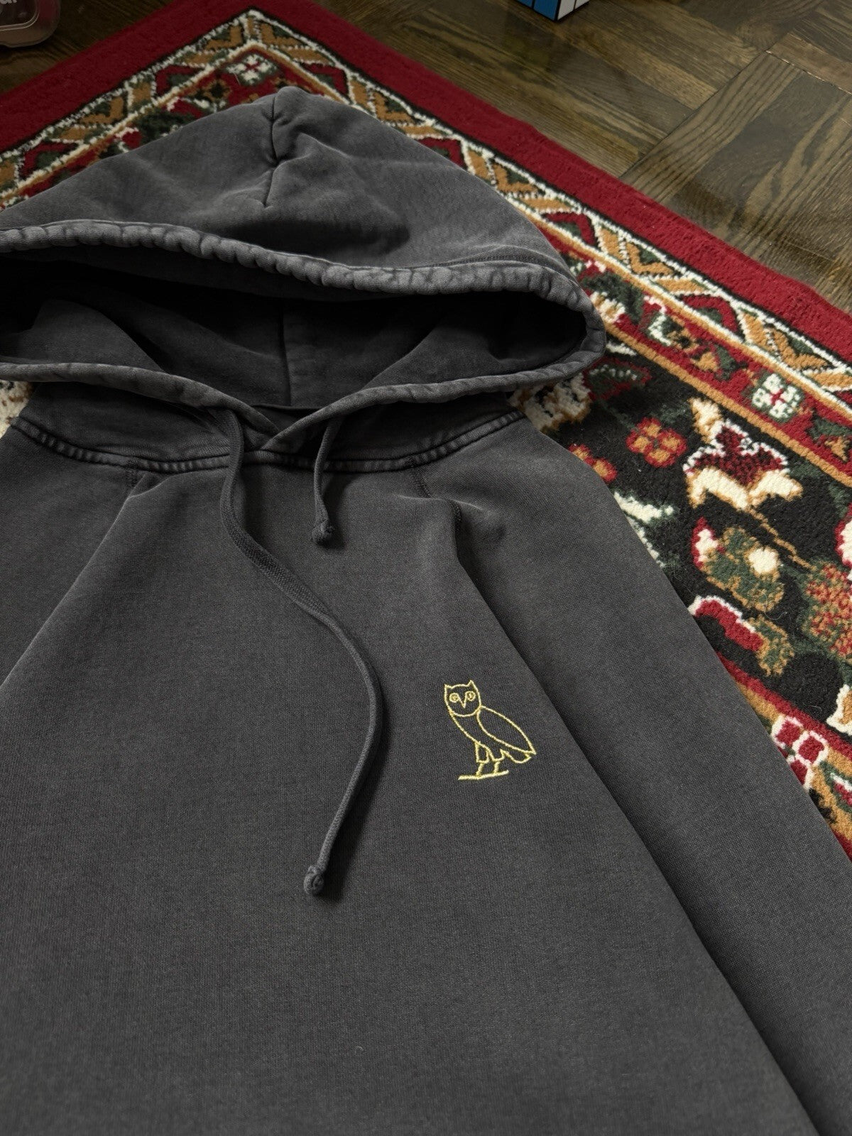 October's Very Own OVO Drake Pigment Dyed Owl Logo Hoodie Sweatshirt Off Black S