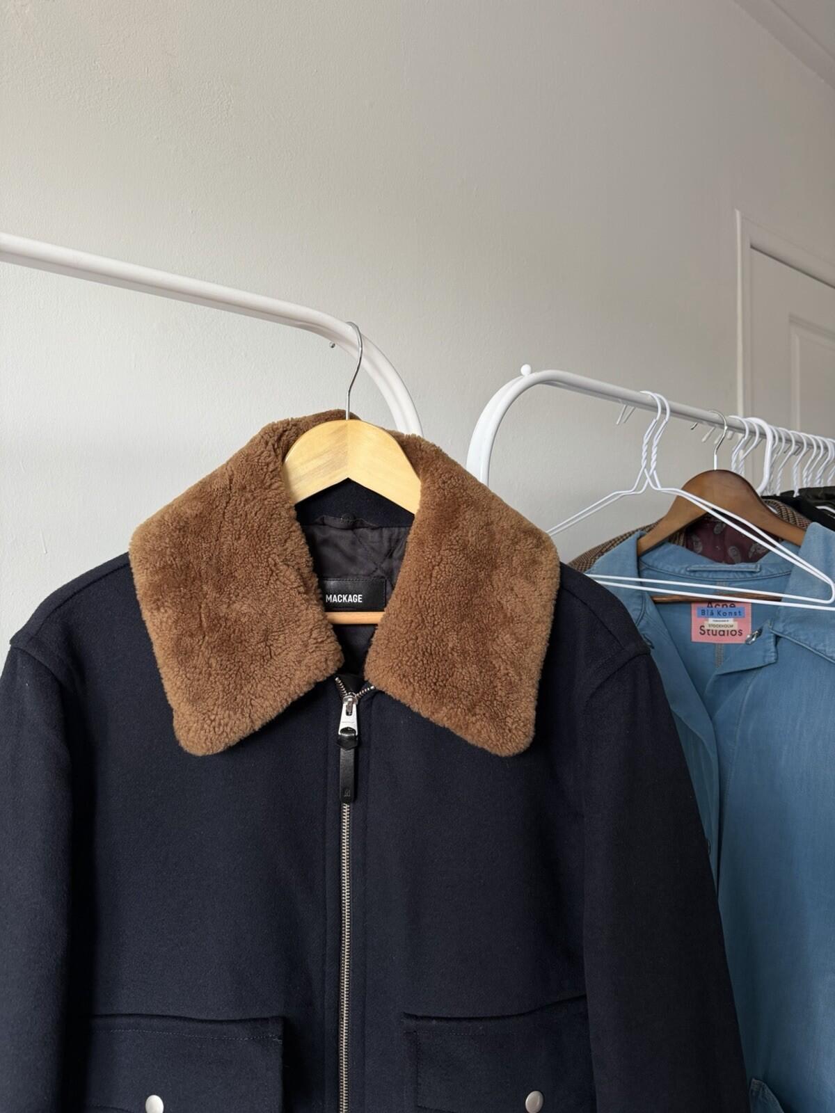 MACKAGE Theo Wool Cashmere Shearling Jacket Real Sheepskin Fur Navy Blue Coat