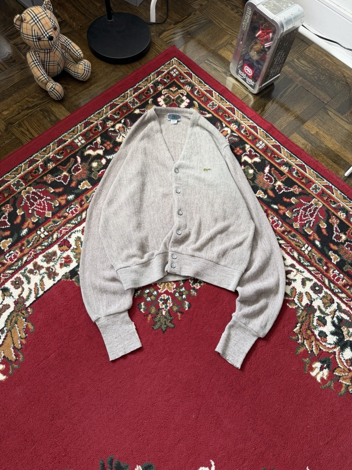 Vintage Izod Lacoste Cardigan Sweater Men Medium Gray Acrylic V-Neck USA