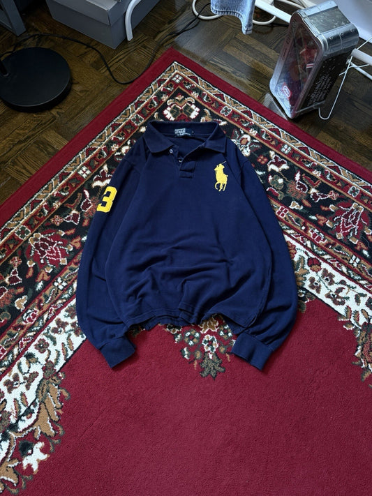 Vintage Polo Ralph Lauren Men Big Pony #3 Rugby Polo Long Sleeve Navy (Sz L) USA