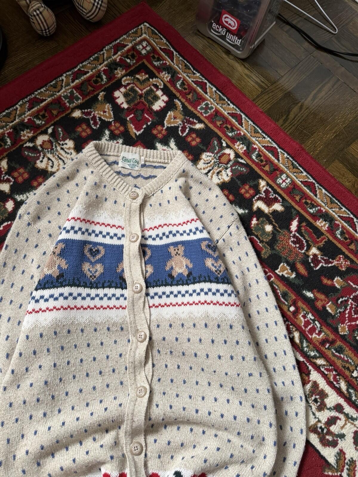 Vintage Cottage Cove Teddy Bear Knit Cardigan Sweater Size S Beige