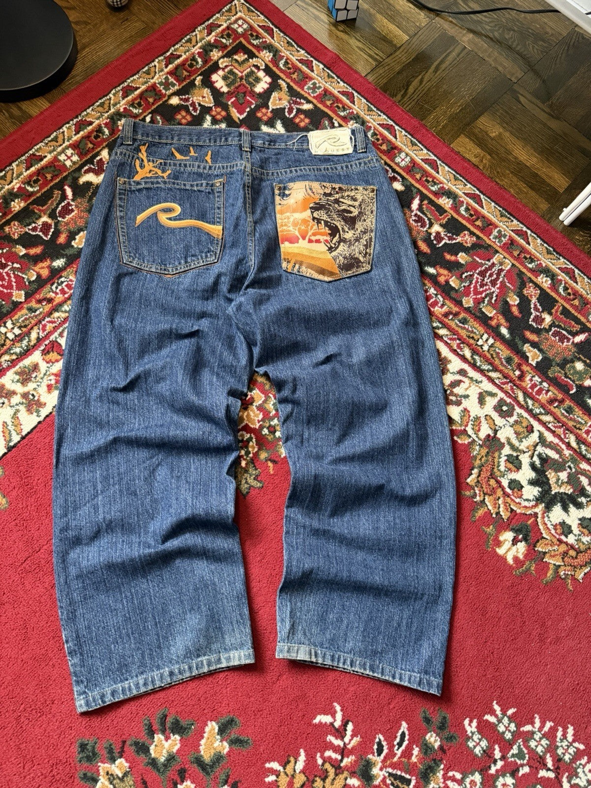 Vintage Request Lion Print Jeans Men 38/32 Blue Denim Embroidered Y2K 90s Skater