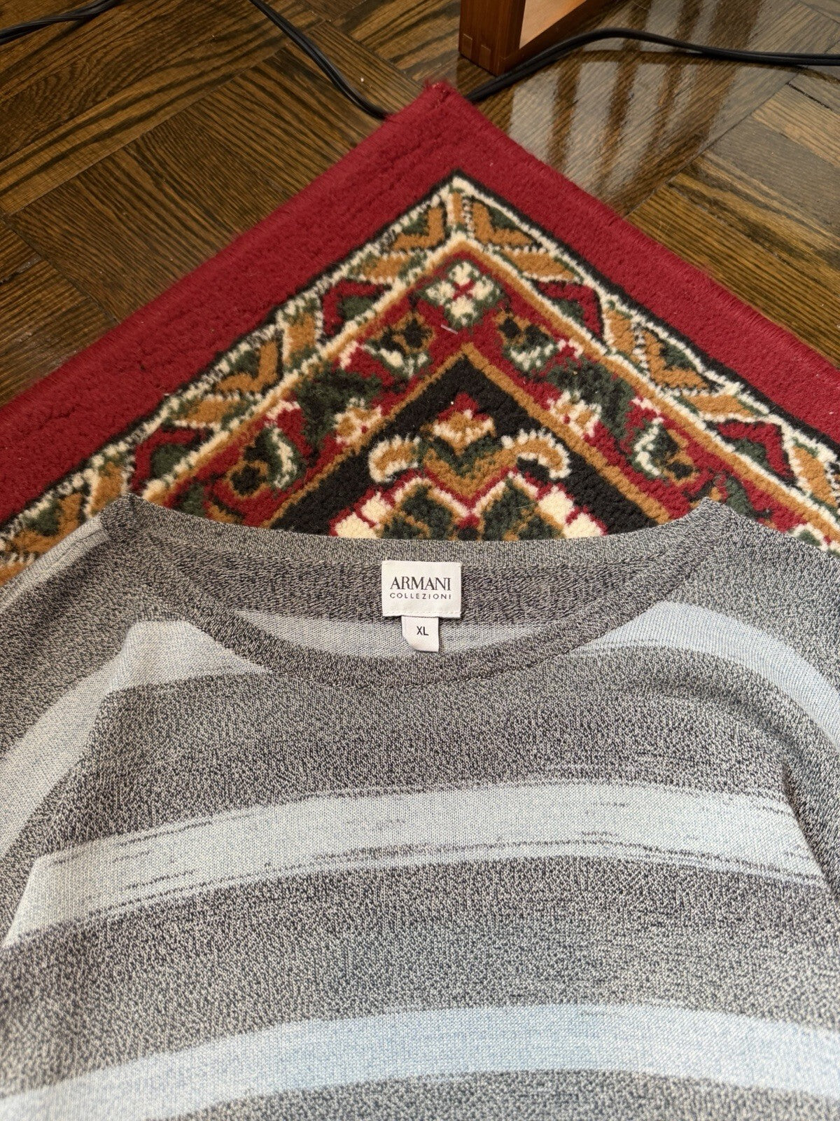 Armani Collezioni Mens Gingham Sweater XL Gray Blue Linen Viscose