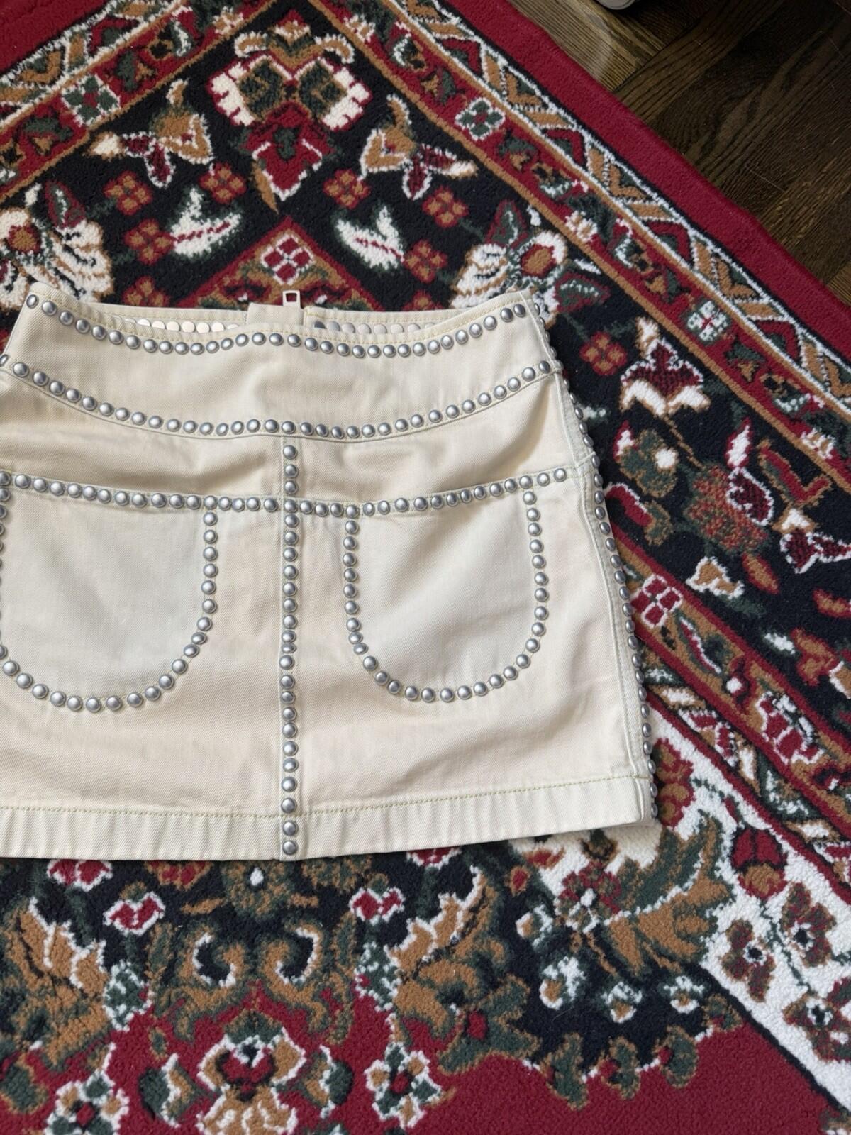 Coach Bleached Denim Mini Skirt Tan White Studded Rivets Pockets Size 0