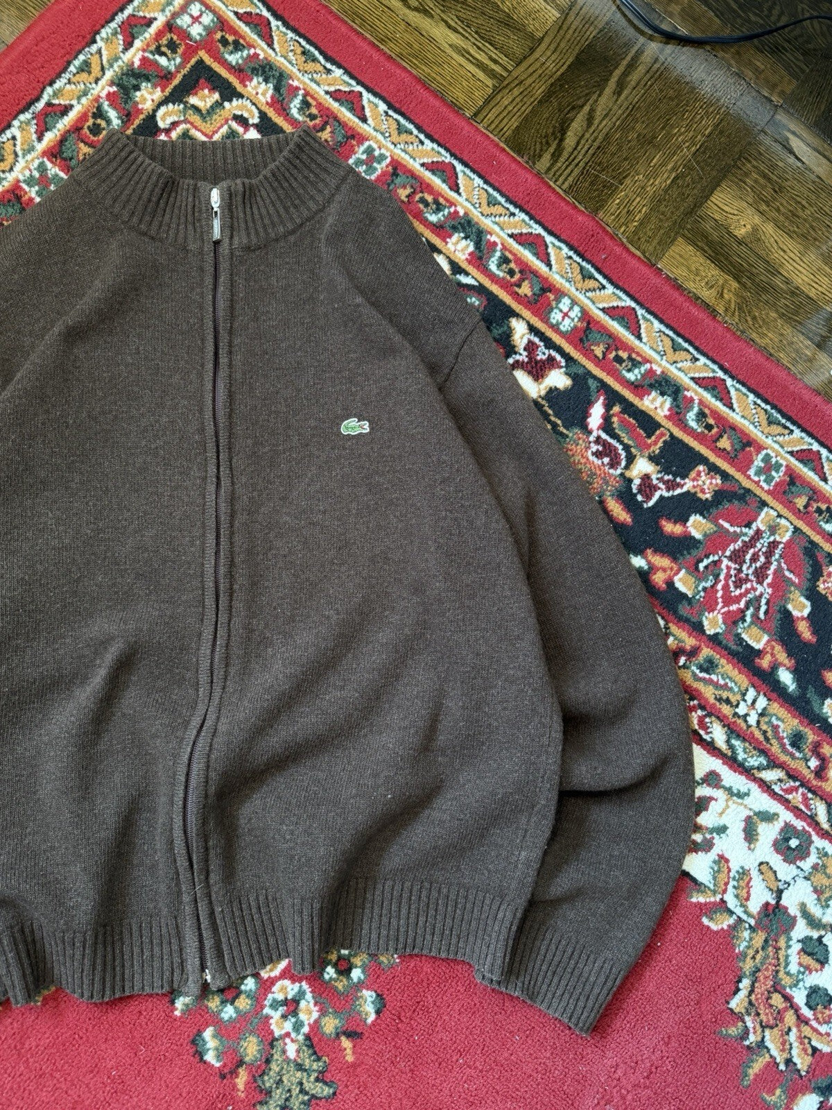 90s Lacoste Vintage Wool Mocha Brown Knit Full Zip Sweater Mens XL