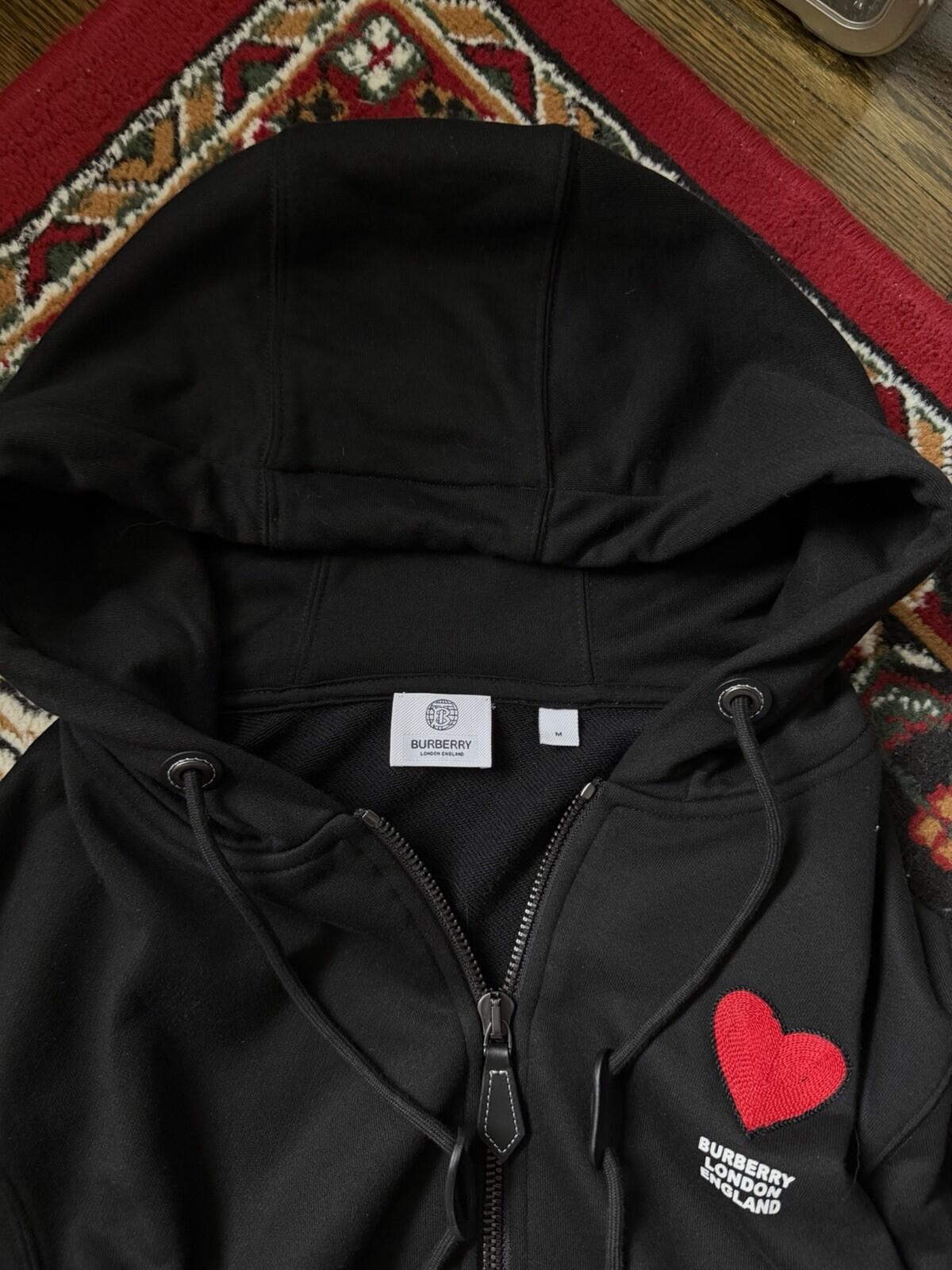Burberry London Heart Black Full Zip Hoodie Cotton Logo Pockets Size M