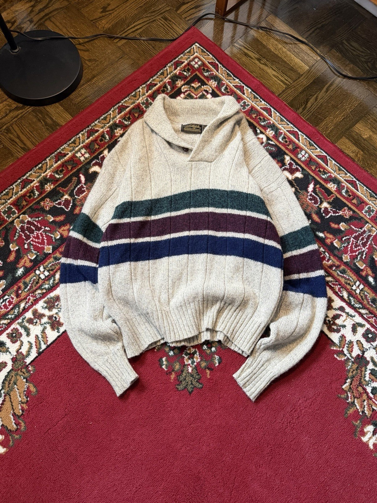 Vintage Eddie Bauer Sweater Mens XL Wool Shawl Collar Made In USA Striped 90s
