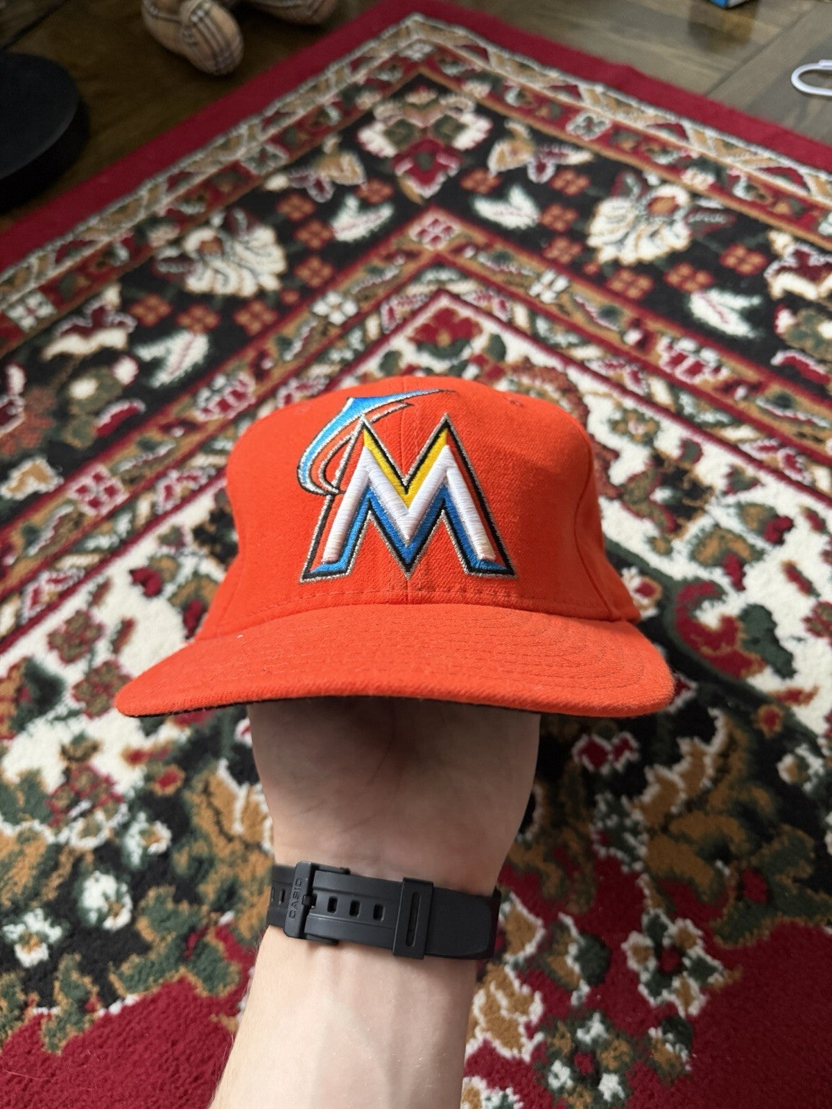 MLB New Era 59 Fifty On-Field Miami Marlins Fitted Hat Orange Cap Size 7 1/4"